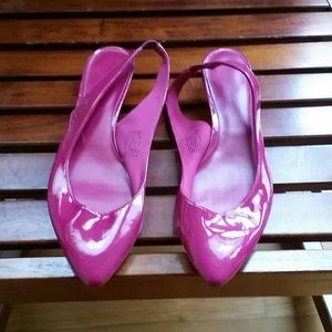 Hot pink patent sling backs